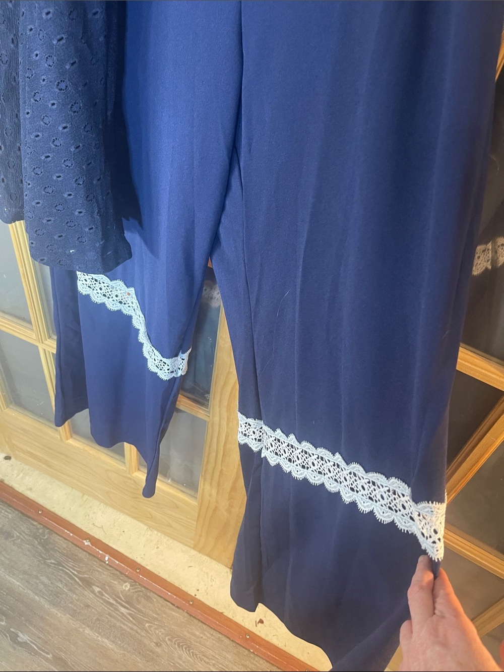 200. Navy Eyelet Short-Sleeve Top & Lace-Trim Wide-Leg Pants Set - Picture 6 of 10